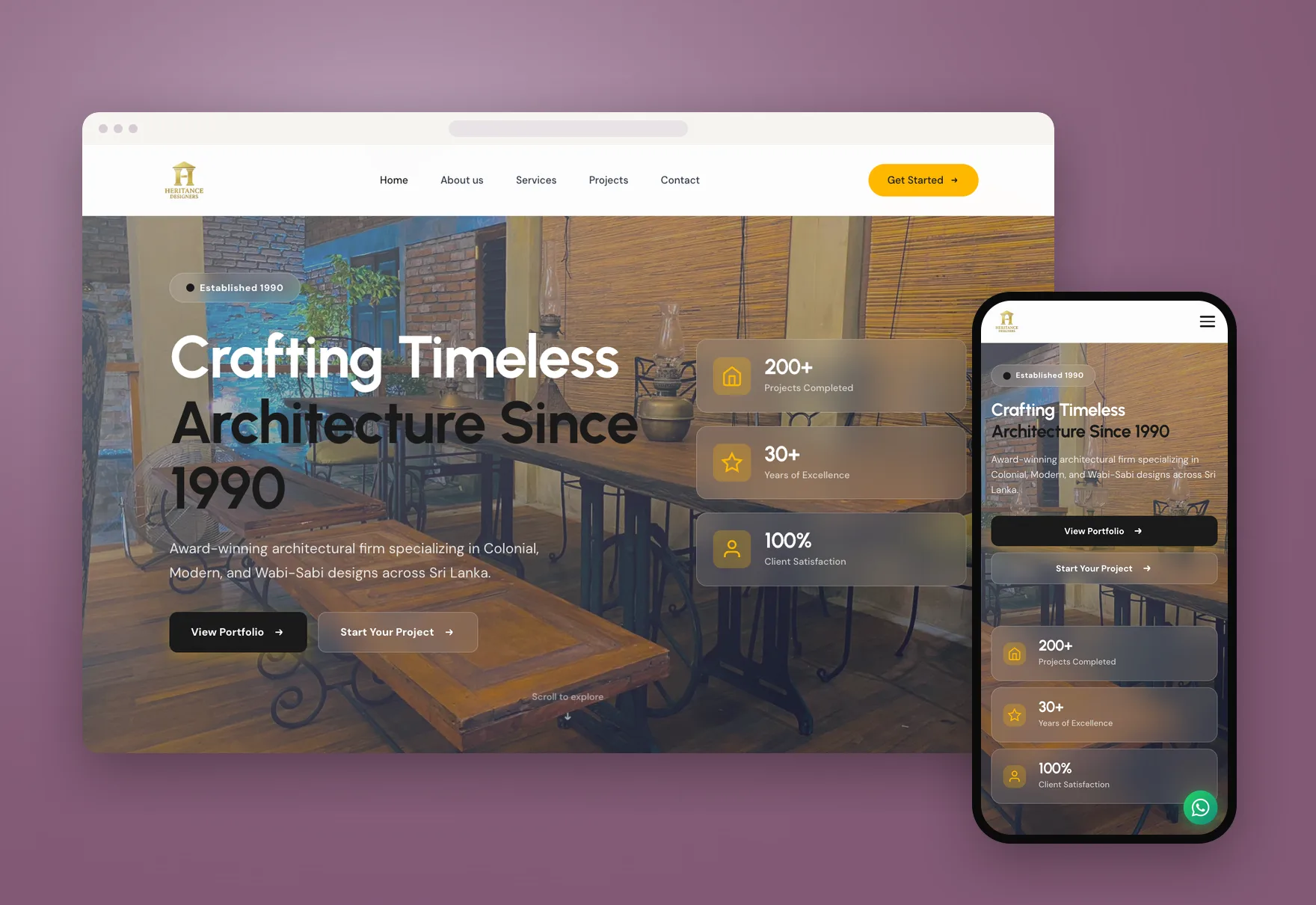 Heritance Designers — An architecture firm with 30+ years of colonial, modern and wabi-sabi work, finally online with the same level of craft.
